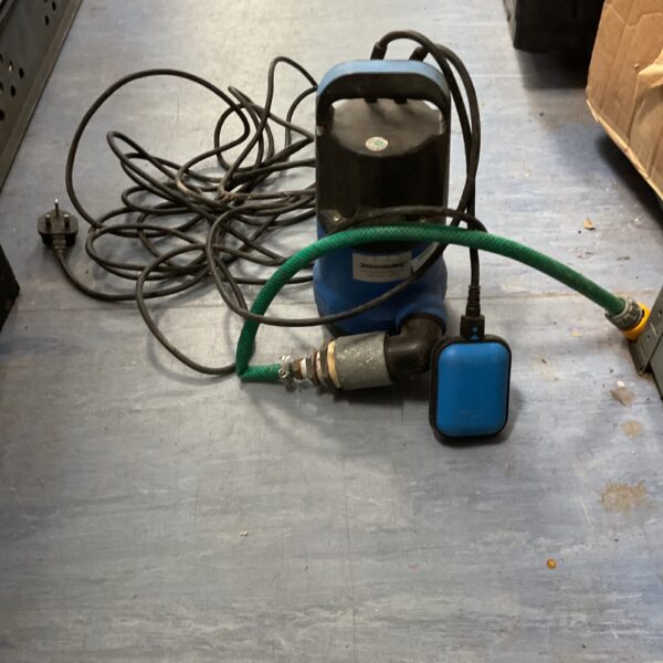 Blue submersible water pump with hose and electrical cable.