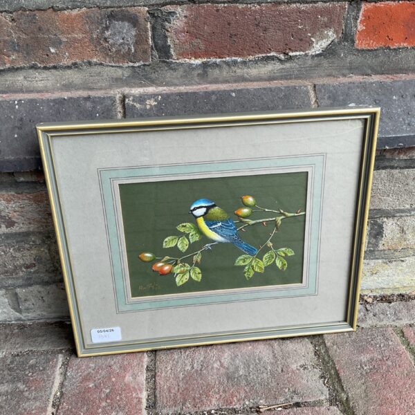 Watercolour painting of a blue tit by Ray Styles amongst rosehips.