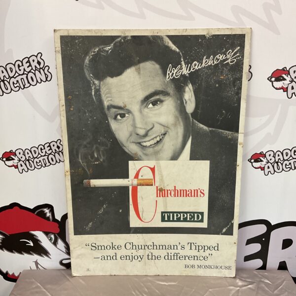 Vintage Churchmans cigarettes advertising board featuring Bob Monkhouse.
