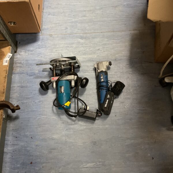 Bosch POF 50 router and Wickes cordless multi-cutter power tool lot.