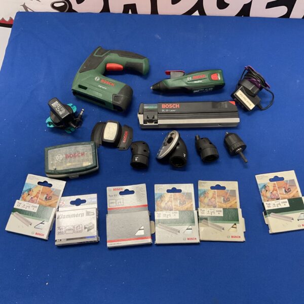 Bosch tool set overview with glue gun, staple gun, and spirit level.