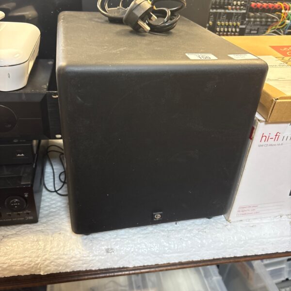 Black Boston Acoustics SoundWare XS powered subwoofer for home theater.