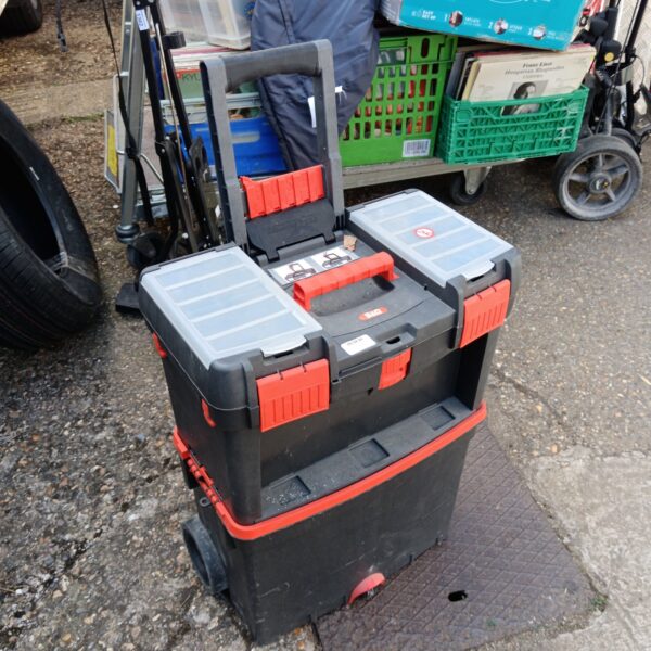 Black and red B&Q Master Cart toolbox with wheels.