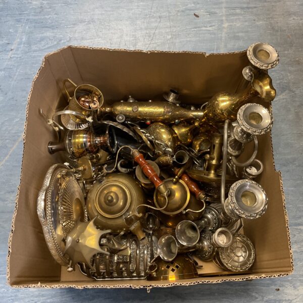 Large lot of vintage brass and copper candlesticks and vases.