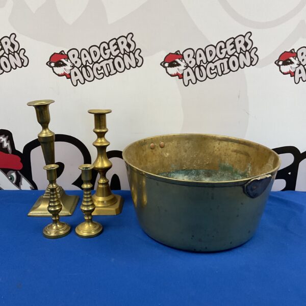 Vintage brass jam pan and candlesticks lot for collectors.