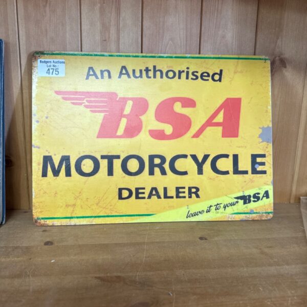 Reproduction BSA dealer sign for vintage motorcycle garage decor.