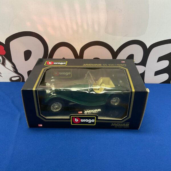 Burago Jaguar SS 100 diecast model car, classic British sports car.