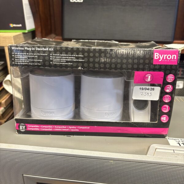 Byron wireless doorbell kit, showing the packaging and contents.