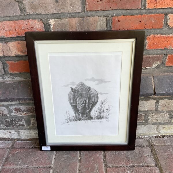 Framed pencil drawing print of a rhino by C. Marsden Higgins.