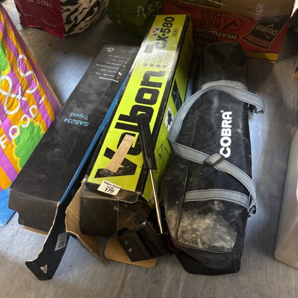Camera tripod lot including Velbon and Cobra models.