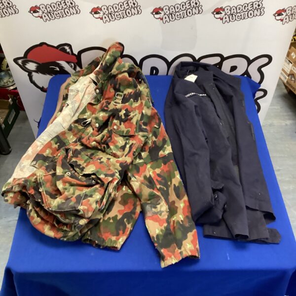Camo jacket and navy shirt lot for sale.