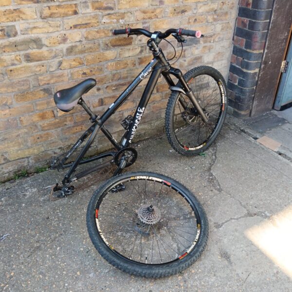 Side view of a vintage Cannondale Chase mountain bike.