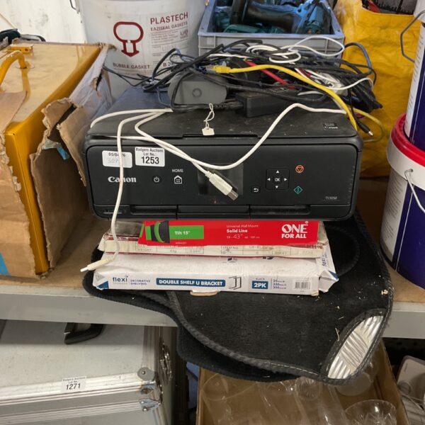 Canon Pixma TS5050 printer bundle with wall mount and shelf bracket.