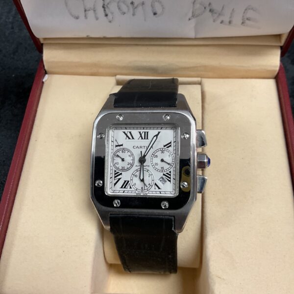 Front view of a reproduction Cartier Santos 100 Chrono watch.