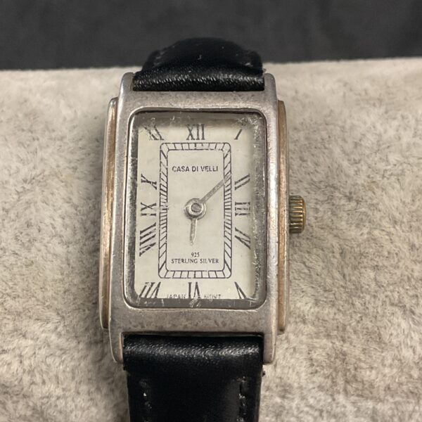 Vintage Casa De Velli sterling silver ladies wristwatch with rectangular case.