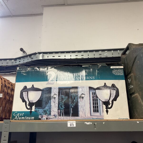 Vintage cast aluminium wall lanterns, model 973, in unrestored condition.