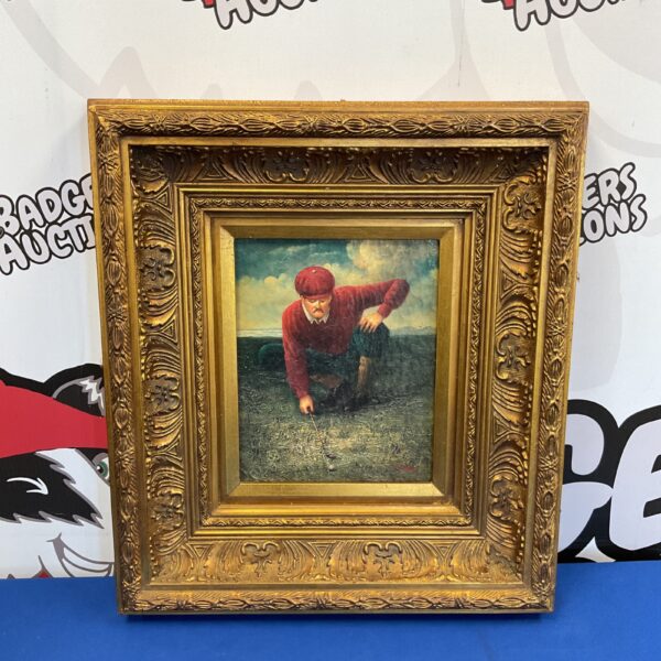 Antique Charles Albert Tulley print of a Scottish golfer in a gilt frame.