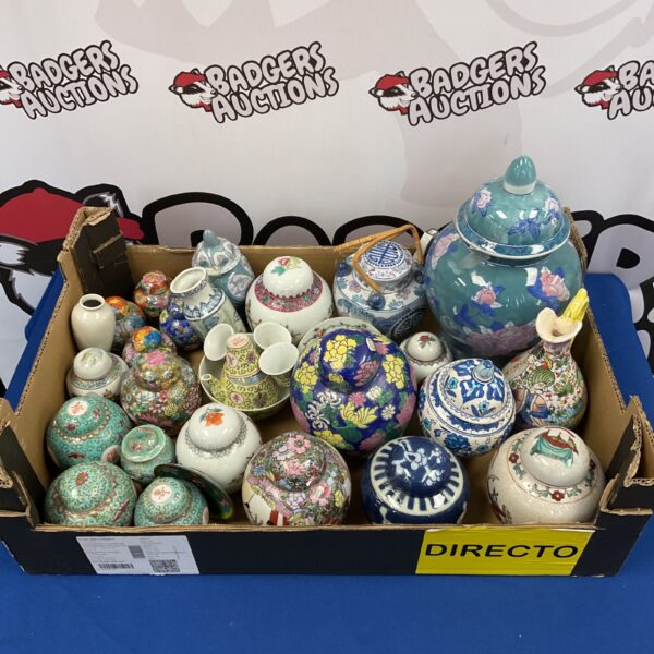 Collection of antique Chinese ginger jars with colourful designs.