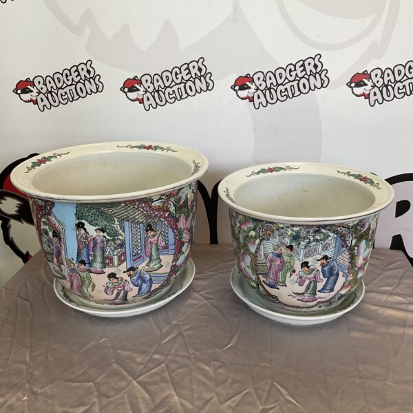 Pair of large, vintage Chinese hand-painted plant pots with detailed scenes.