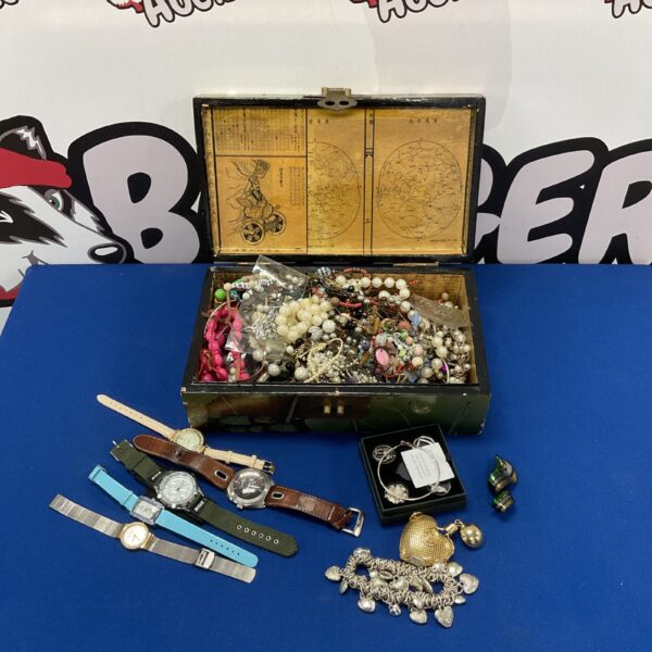 Antique Chinese lacquered box open with vintage jewellery and watches.