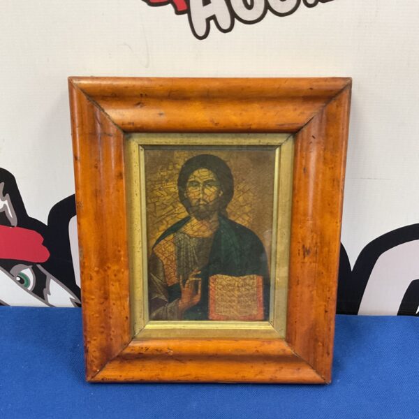 Antique Christ icon miniature in a maple frame.