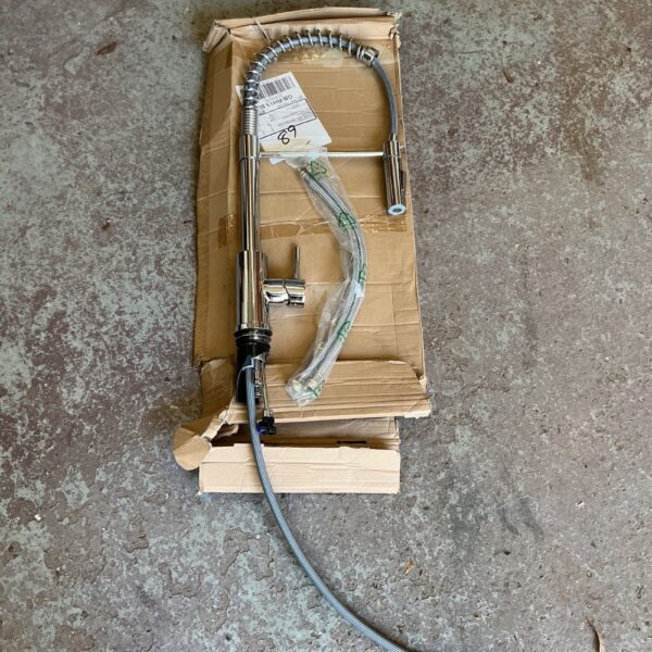 Chrome kitchen mixer tap with flexible hose and swivel spout.