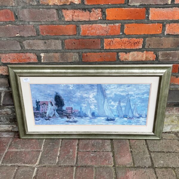 Framed Claude Monet style nautical scene print titled Les Barques.