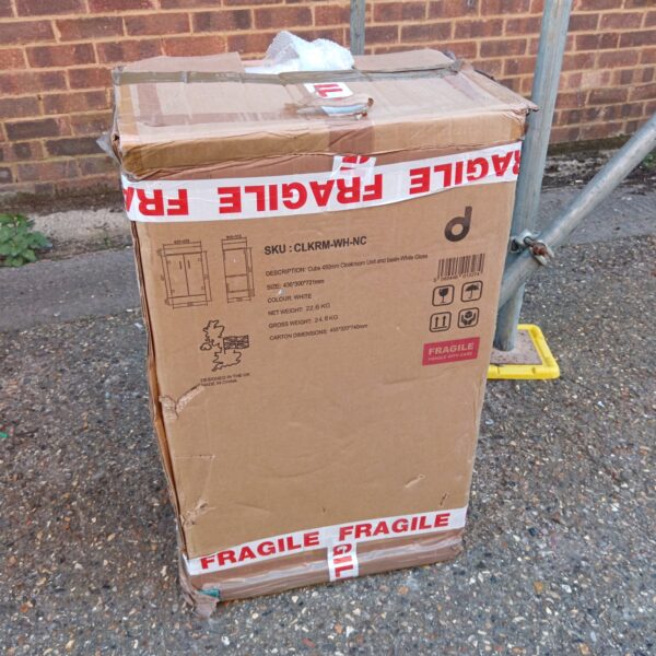 White cloakroom unit in original packaging, ready for installation.