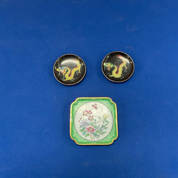 Vintage cloisonné enamel dish with dragon and floral design.