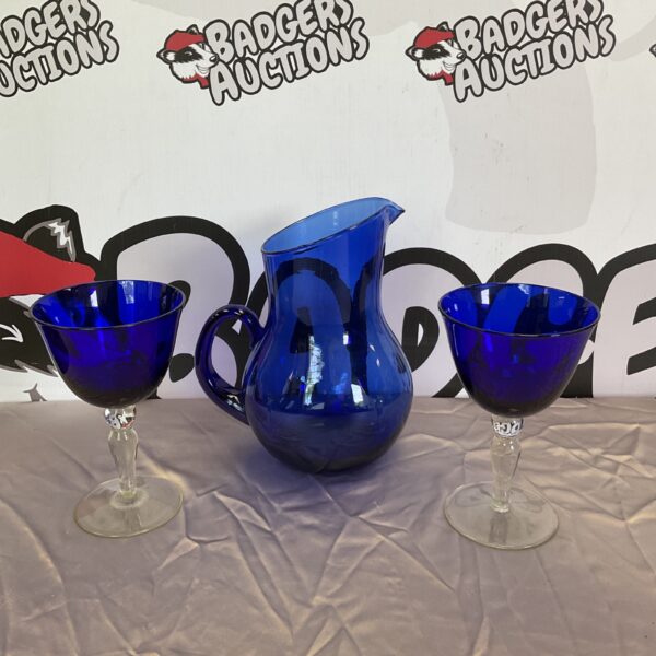 Vintage cobalt blue glass jug and two wine glasses set.