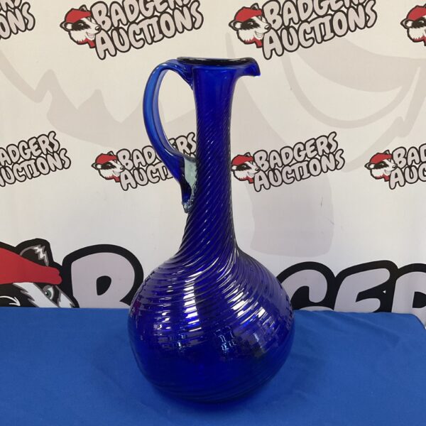 Large cobalt blue hand blown pitcher, a beautiful vintage art glass collectible.