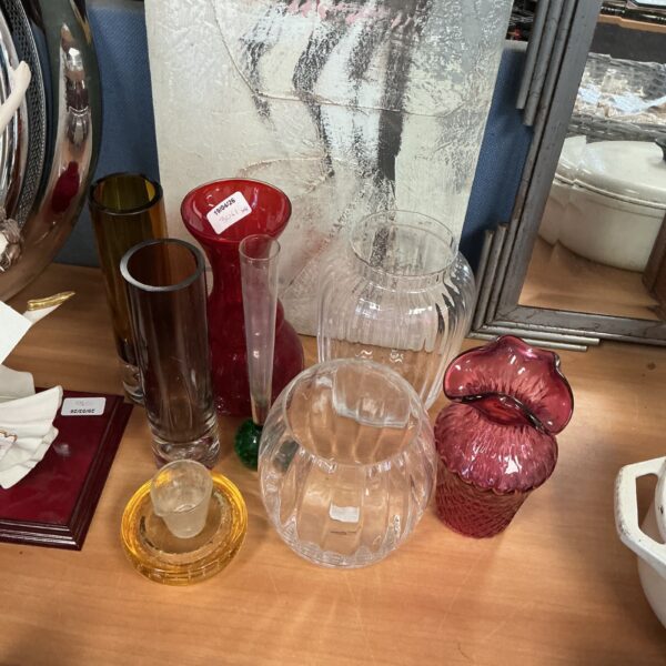 Selection of colourful glass vases, including potential Murano glass.