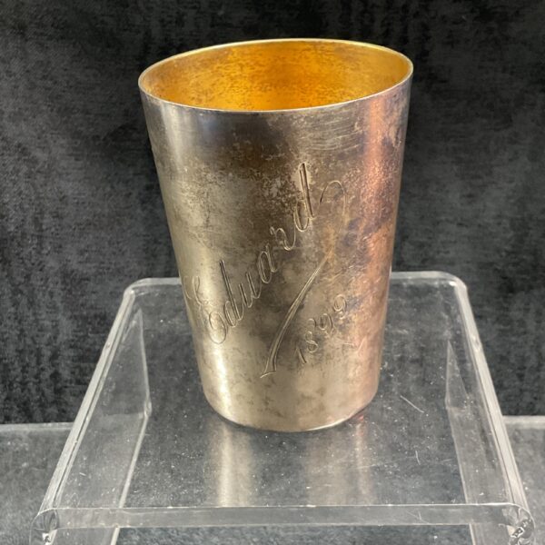 Antique continental silver tumbler engraved with “Edward” in 1899.
