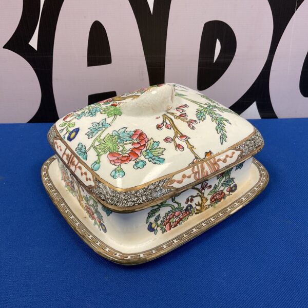 Antique Copeland Indian Tree butter dish with floral design.