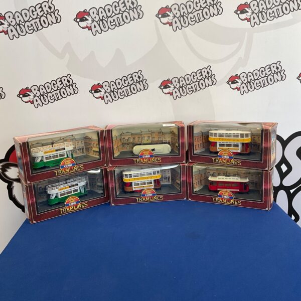 Lot of six Corgi Tramline model trams in packaging.