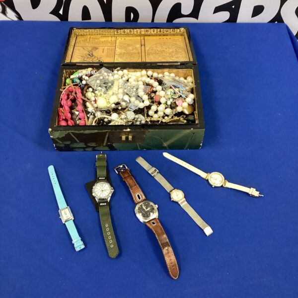 Costume jewellery and watches lot in oriental box.