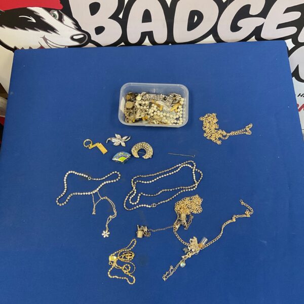 Assorted costume jewellery lot with vintage brooches and fashion pieces.