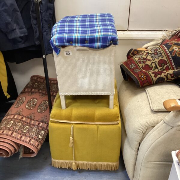 Vintage cushioned storage boxes, including a Lloyd Loom example.