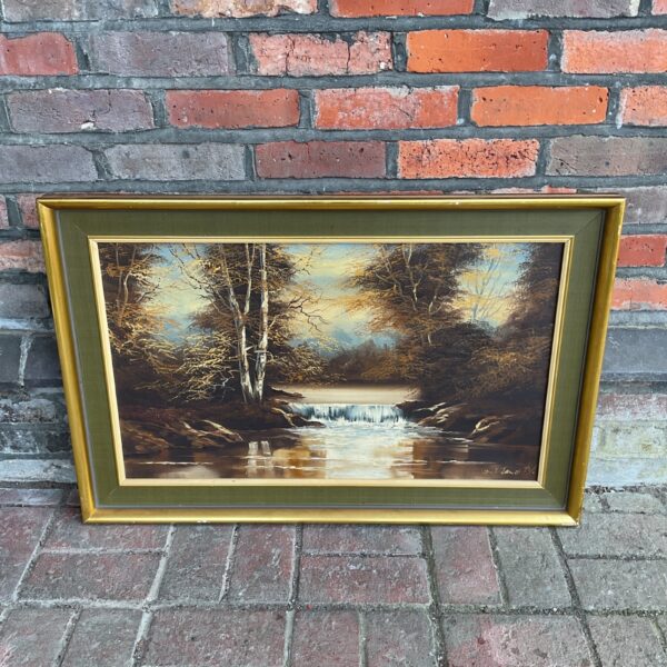 Signed D A James oil painting of an autumnal river landscape.