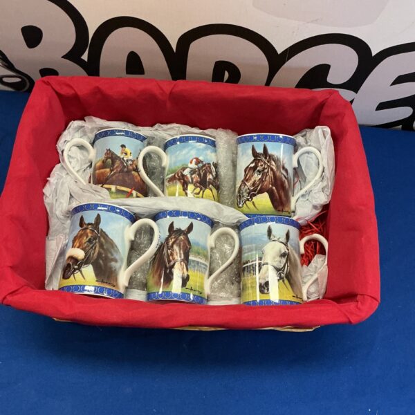 Set of Danbury Mint race horse collectible mugs.