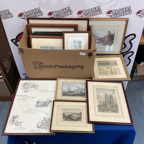 Framed David Sheppherd print of Guildford train shed with other prints.