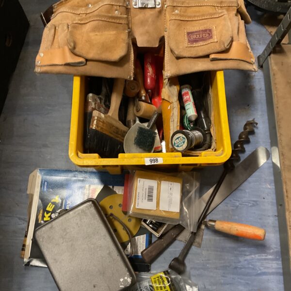 Vintage decorators tools lot with leather tool belt and hand tools.