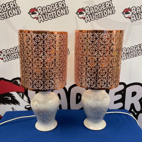 Pair of vintage Denby pottery table lamps with copper shades.