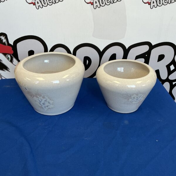 Pair of vintage Denby stoneware flower pots with floral design.
