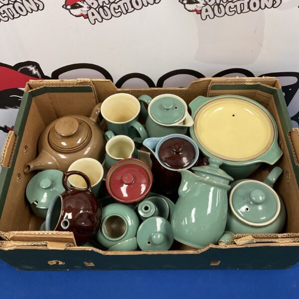 Large collection of vintage Denby pottery tea and coffee pots.