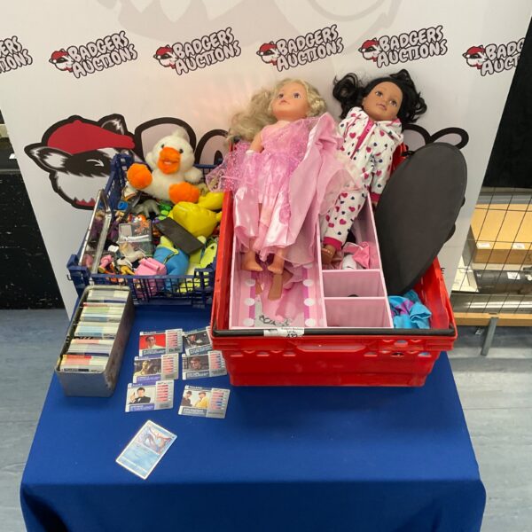DesignaFriend doll lot with James Bond cards and toy figures.