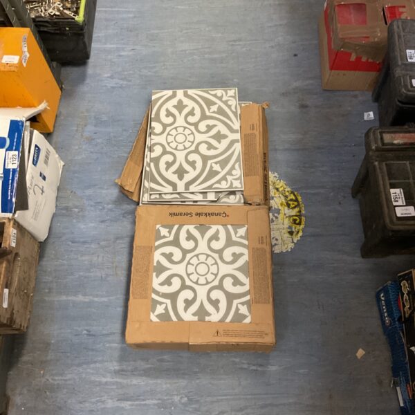 Box of Devonstone grey patterned ceramic floor tiles.