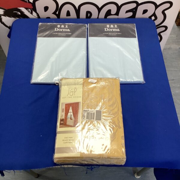 New Dorma percale flat sheets and J&P curtains in original packaging.