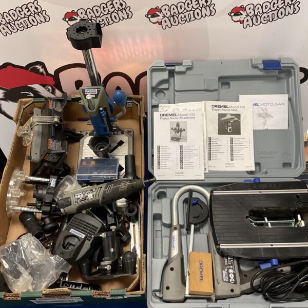 Dremel power tool lot including drill, saw, and router table.