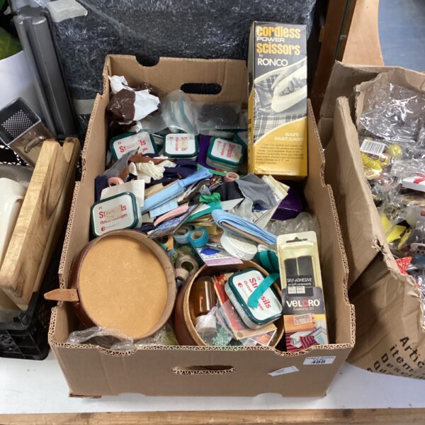 Mixed dressmaking and sewing lot with ribbon and cordless scissors.